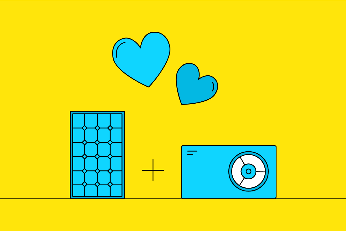 Geïllustreerde zonnepaneel en warmtepomp met hartjes eromheen