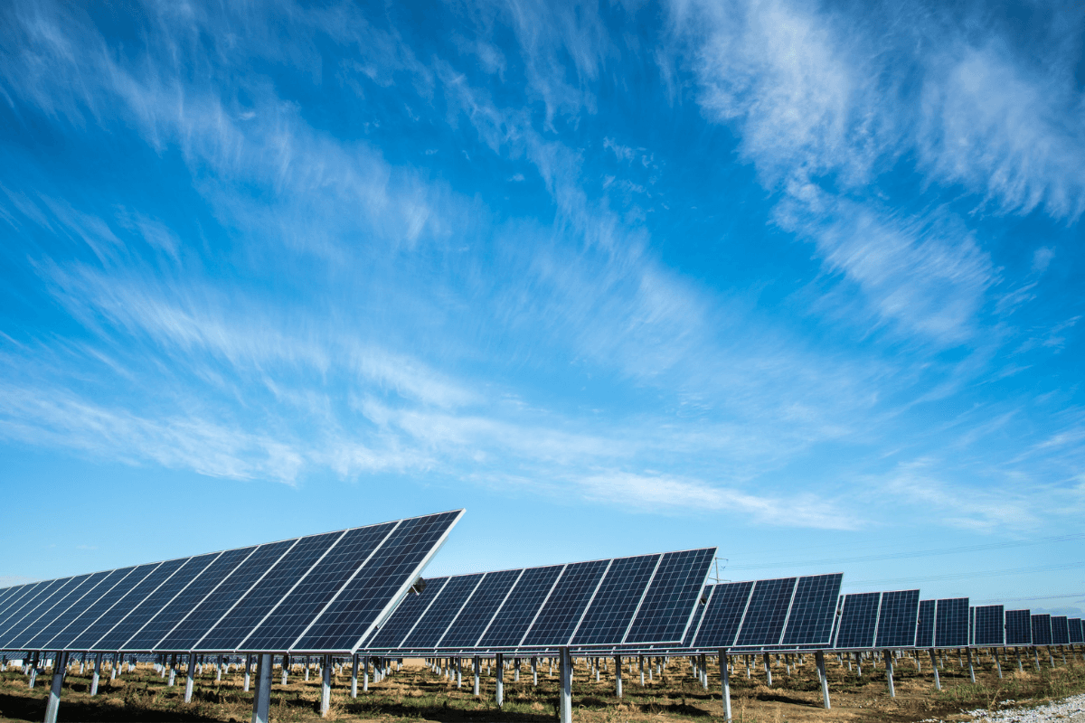 Zonnepanelen op een open veld onder een heldere blauwe hemel