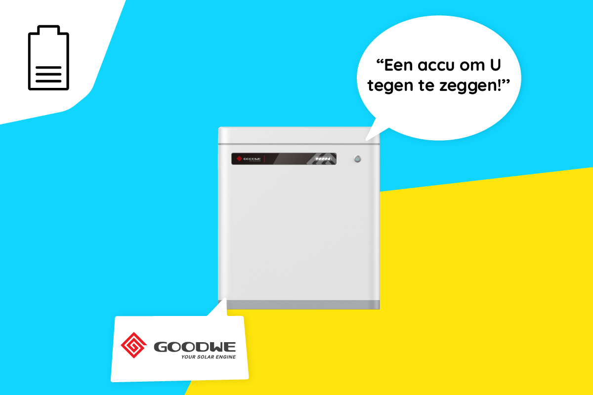 GoodWe Lynx Home U accu Blogheader met accu van GoodWe. Bij de accu staat een spraakwolkje met de tekst "Een accu om U tegen te zeggen!".