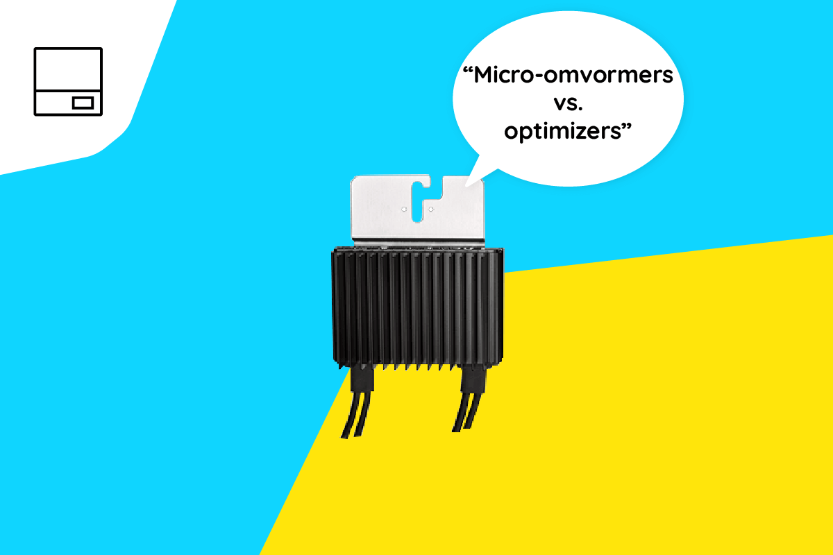 Optimizer voor blauwgeel gekleurde achtergrond met spraakwolk met tekst: Micro-omvormers vs. optimizers.