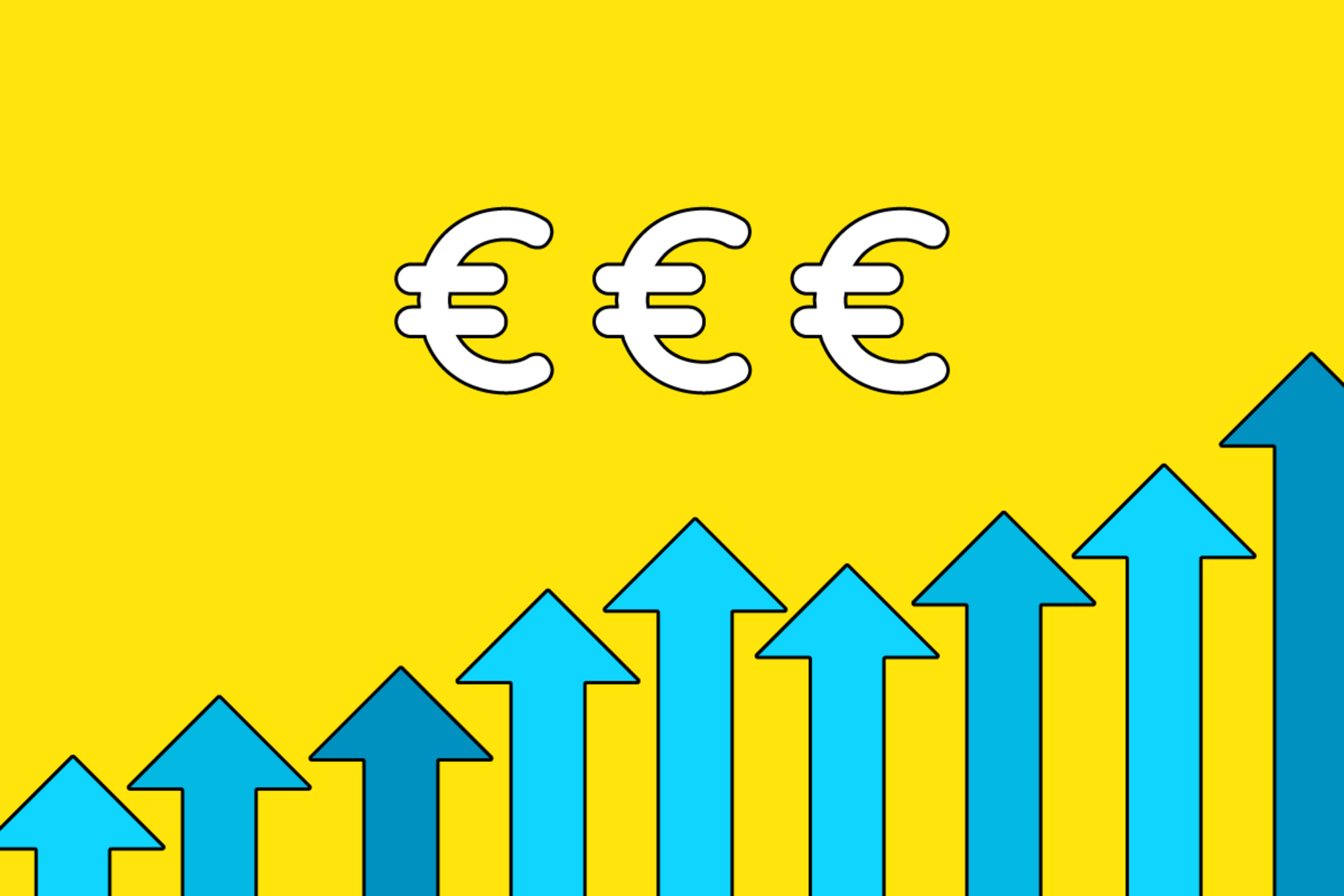 Gestileerde grafiek die oploopt. Daarboven staan drie eurotekens.