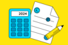 Rekenmachine met checklist. Op de rekenmachine staat '2024'