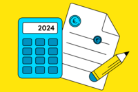 Rekenmachine met checklist. Op de rekenmachine staat '2024'