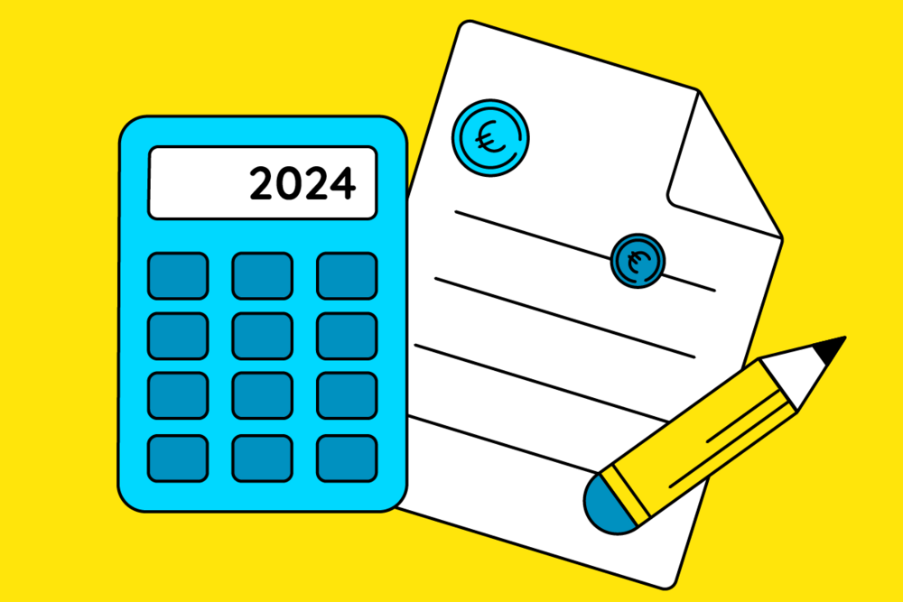 Rekenmachine met checklist. Op de rekenmachine staat '2024'