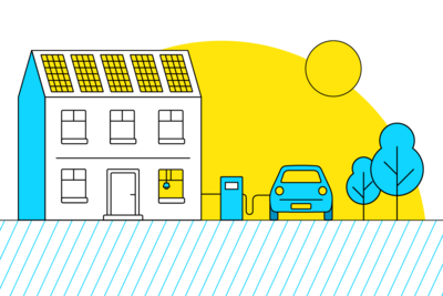 Auto die aan de laadpaal staat. De laadpaal is aan het huis verbonden.