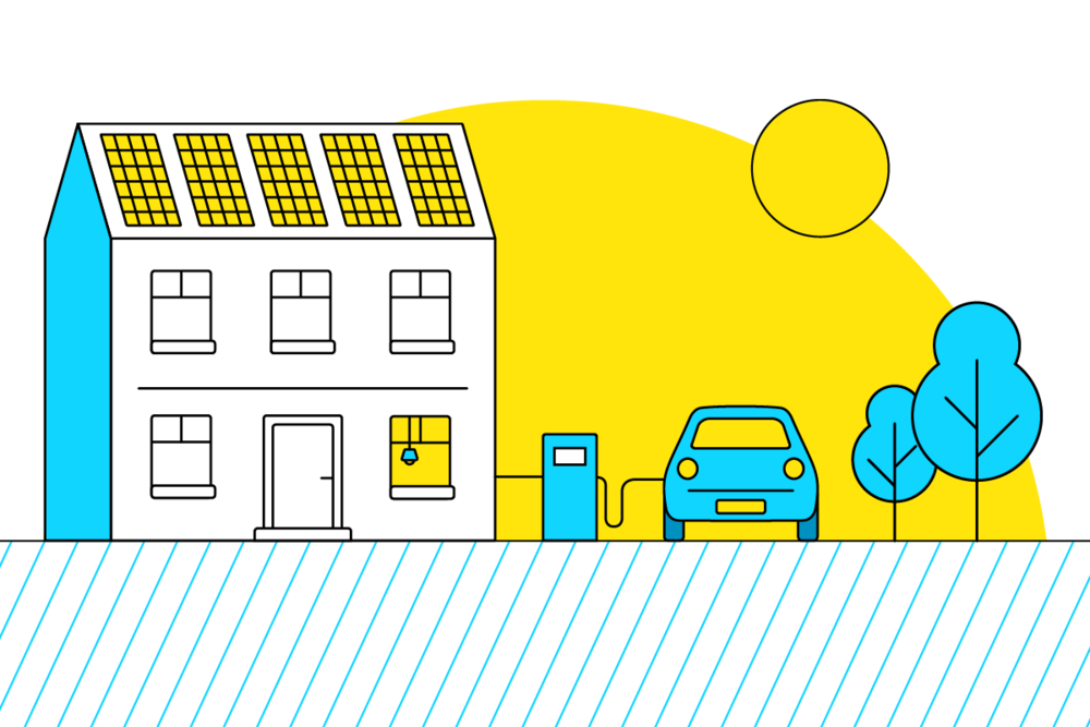 Auto die aan de laadpaal staat. De laadpaal is aan het huis verbonden.