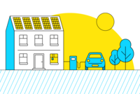Auto die aan de laadpaal staat. De laadpaal is aan het huis verbonden.