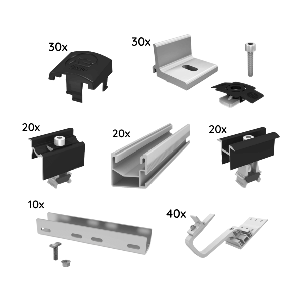 Onderconstructiepakket voor 10 modules van K2, monorail, schuin dak, 2-laags