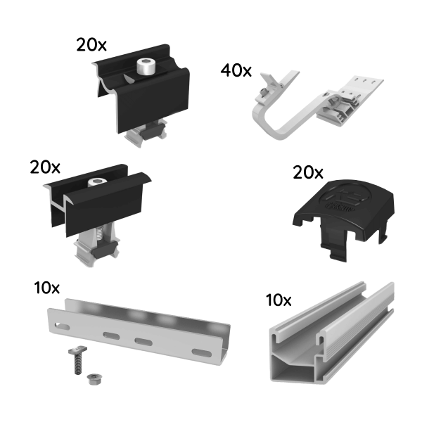 Onderconstructiepakket van K2 voor 10 modules, monorail, schuin dak, 1-laags