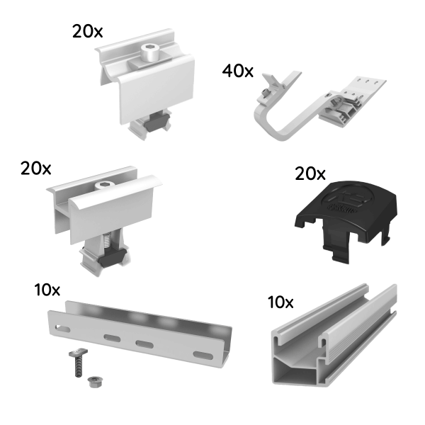 Onderconstructiepakket voor 10 modules van K2, SingleRail, schuin dak, 1-laags, zilver